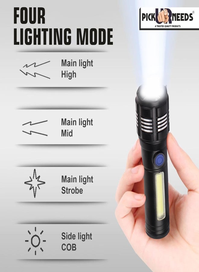 Pick Ur Needs Rechargeable Mini Pocket Torch with High Brightness 3 Type Light + Side COB LED Light Zoom-in and Zoom Out Adjustable Focus Emergency Torch - Image 5